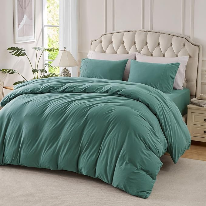 PURE ERA Jersey Knit Duvet Cover Set 100% T-Shirt Cotton Super Soft Comfy 2pc Bedding Set with Zipper Closure (Solid Teal Green, Twin)