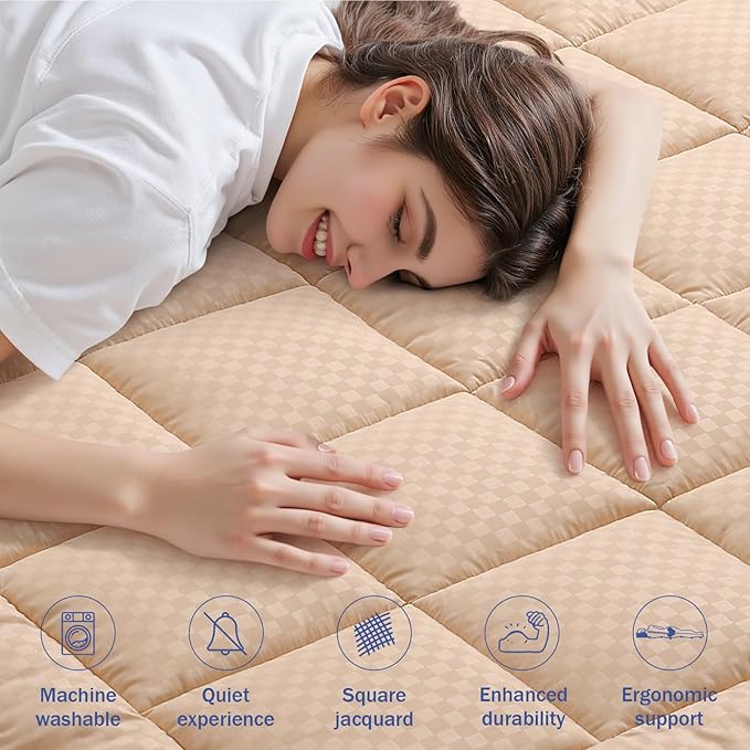 OLANLY Twin XL Quilted Fitted Mattress Pad, Elastic Fitted Mattress Topper, Cooling Soft Mattress Cover Stretches up to 21 Inches Deep, Machine Washable Mattress Protector (39x80 inch, Beige)