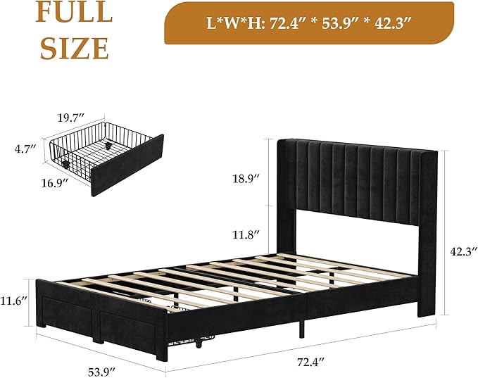 Garvee Full Size Bed Frame, Velvet Upholstered Bed Frame with Wingback Headboard, 2 Storage Drawers, No Box Spring Needed, Black