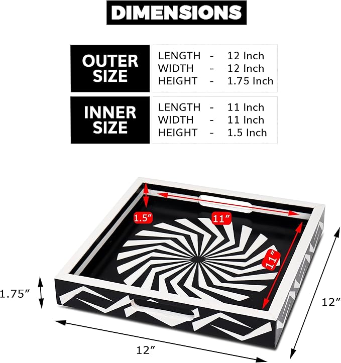 Handicrafts Home 12x12 Ottoman Tray with Handles, Black White Decorative Tray, Resin Inlay Coffee Table Tray for Living Room Decor, Modern Geometric Illusion Optic Pattern Square Serving Tray
