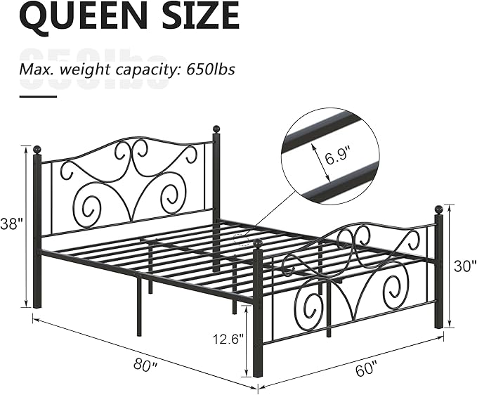 VECELO Queen Size Bed Frame with Headboard and Footboard, Heavy Duty Metal Slat Support, Platform Mattress Foundation, No Box Spring Needed, Easy Assembly, Dark Black