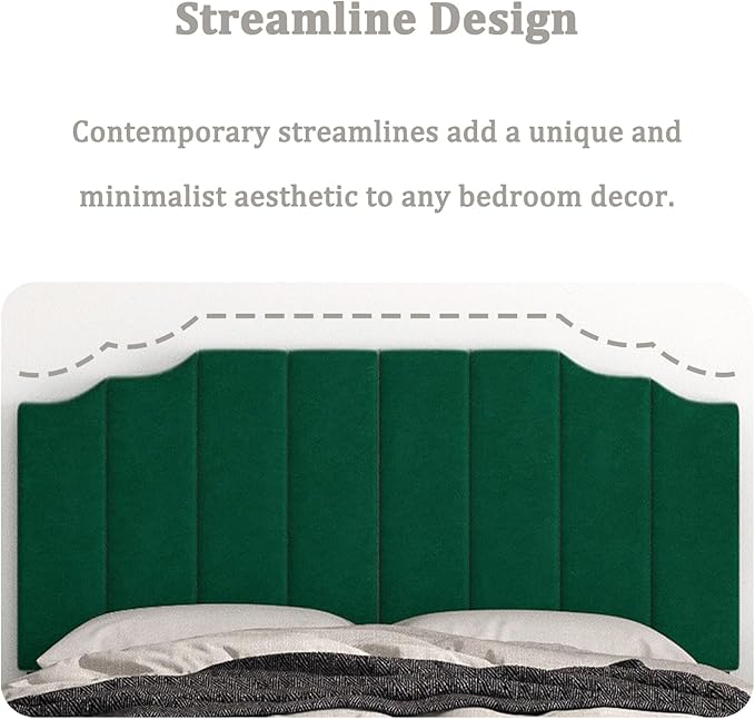 Befurtori Queen Size Headboard Only, Velvet Wall Mounted Headboard Queen/Full Size for Adjustable Bed, Modern Vertical Channel Design with Curved Tufted Upholstered Head Board, Jade Green
