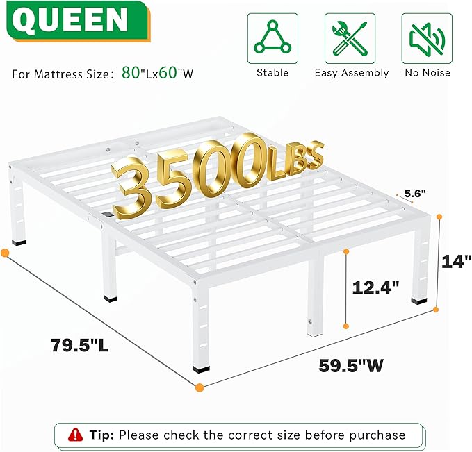 14 Inch Queen Bed Frames,Heavy Duty Metal Queen Size Platform 3500 lbs Capacity, No Box Spring Needed, 6 Mattress Slide Stopper, Headboard Holes, Noise-Free, Easy Assembly, White