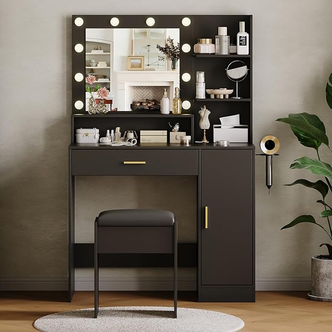 Garvee Vanity Desk with Mirror and Light, Makeup Dressing Table with Large Drawers and 3-Level Storage Dresser, 3 Lighting Modes Adjustable Brightness, Modern Vanity Set for Bedroom, Black