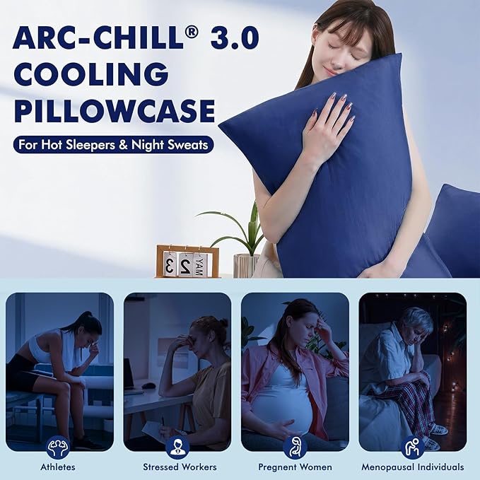 Elegear Cooling Pillow Cases for Hot Sleepers, Silver Infused Cooling Pillowcase with Q-Max>0.5, Silky Breathable Pillowcases for Hair & Skin, Zipper Anti Acne Pillowcases Set of 2-Queen, Navy Blue