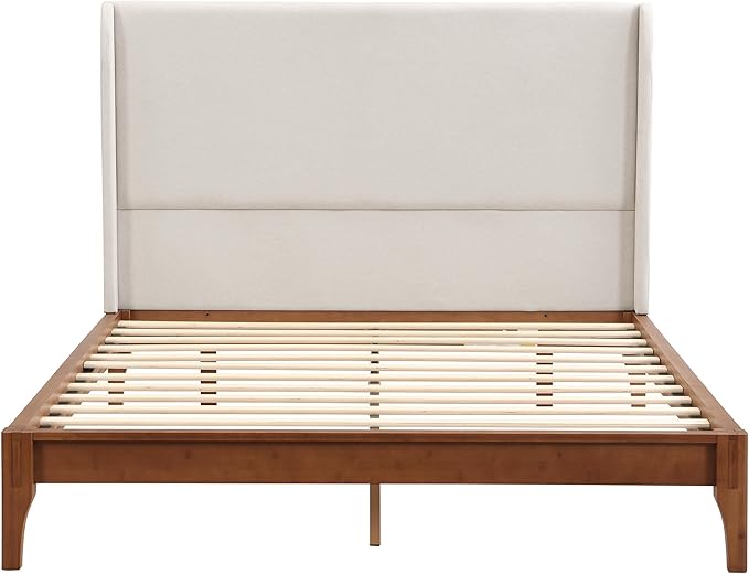 Merax Queen Size Bamboo Platform Bed, Mid-Century Bed Frame with Tall Upholstered Headboard, Wood Slat Support, No Box Spring Needed, Easy Tool-Free Assembly, Beige+Brown