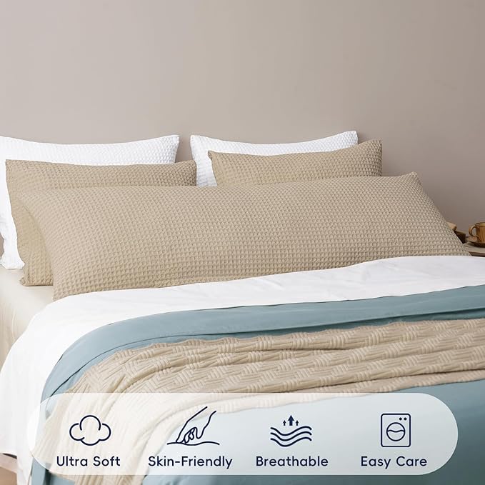 PHF Ultra Soft Waffle Weave Body Pillowcase with Zipper, No Insert, 1Pack 20" x 54" Pillow Sham, Breathable & Skin-Friendly Body Pillow case, Stylish Decorative Bed Pillow Cover, Khaki