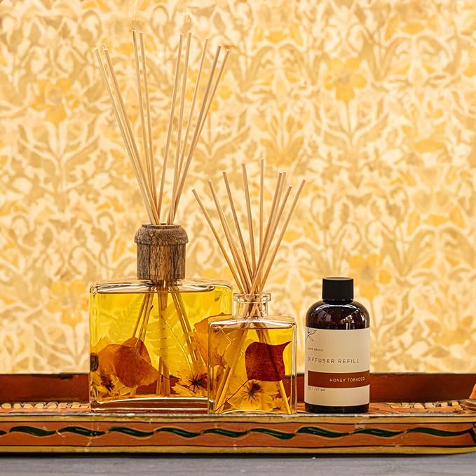 Honey Tobacco Botanical Reed Diffuser, Single Set, Square Glass Bottle 6.76 fl oz Lasts 6-12 Months Amber Oil Aromatherapy Scent Decor, Home Library Office Relaxation Gift