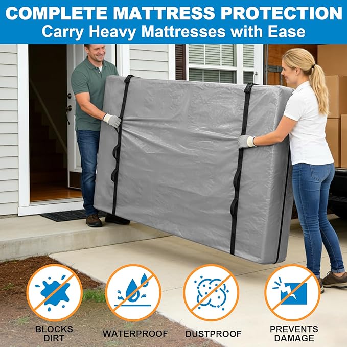 TICONN Mattress Bags for Moving, Heavy Duty Twin XL Mattress Cover Storage Bag with Full-Around Handle and Adjustable Buckles (Gray, Twin XL)