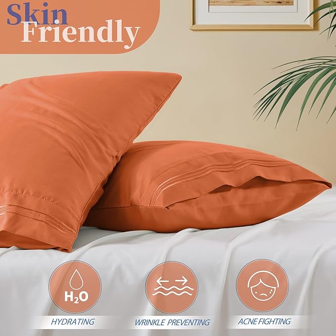 Vonty 2 Pack Queen Pillow Cases - 20x30 Inch, 1800 Thread Count Microfiber Pillowcases Queen Size Pimpkin Orange Pillow Cases Luxury & Soft Embroidered Bed Pillow Covers with Envelope Closure