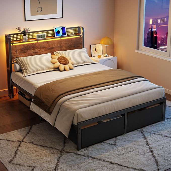 Furnulem Full Size Bed Frame with Headboard Storage, Platform Bed Frame Full Size with 2 Drawers, Charging Station and LED Lights, No Box Spring Needed, Noise Free, Easy Assembly (800 lbs Capacity)
