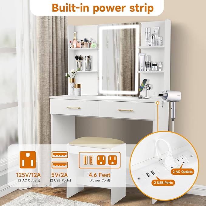 QUALIKRAFT Lighted Makeup Vanity Desk with Power Outlet & Stool, White Dressing Table with LED Mirror, with Drawers, 6 Shelves for Bedroom Organization, Gift for Women