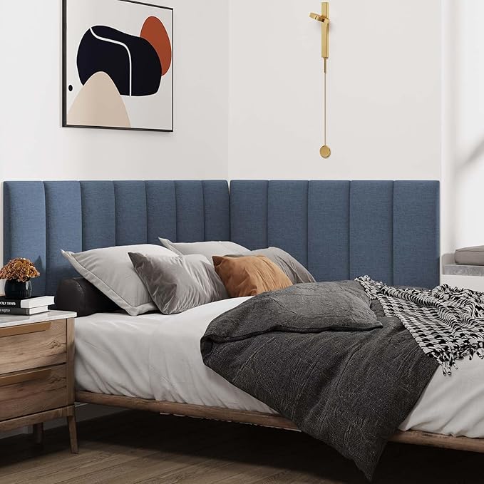 IFNOW Upholstered Wall Mounted Headboard, 3D Soundproof Wall Panels Peel and Stick, Reusable and Removable Tufted Bed Headboard in Blue (12 Panels, 10" x 24")