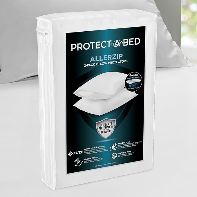 Protect-A-Bed AllerZip Standard 20" x 26" Pillow Protectors (Set of 2), Bed Bug and Dust Mite Proof, Noiseless and Odor-Resistant Pillow Covers, 100% Waterproof, Machine Washable