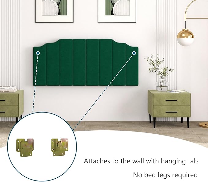 Befurtori Queen Size Headboard Only, Velvet Wall Mounted Headboard Queen/Full Size for Adjustable Bed, Modern Vertical Channel Design with Curved Tufted Upholstered Head Board, Jade Green