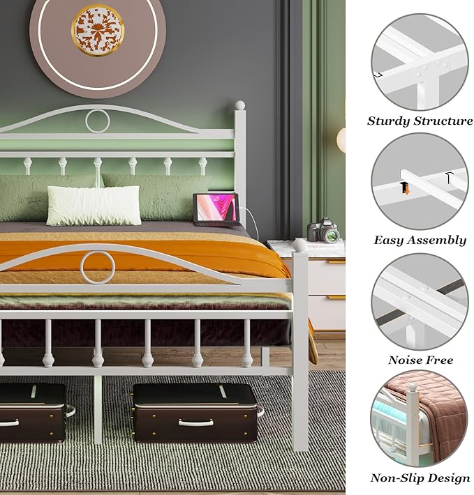 Jenmit Queen Size Bed Frames with Headboard, LED Bed Frame with Charging Station, Metal Platform, Under-Bed Storage, No Box Spring Needed, Noise Free, Easy Assembly, White