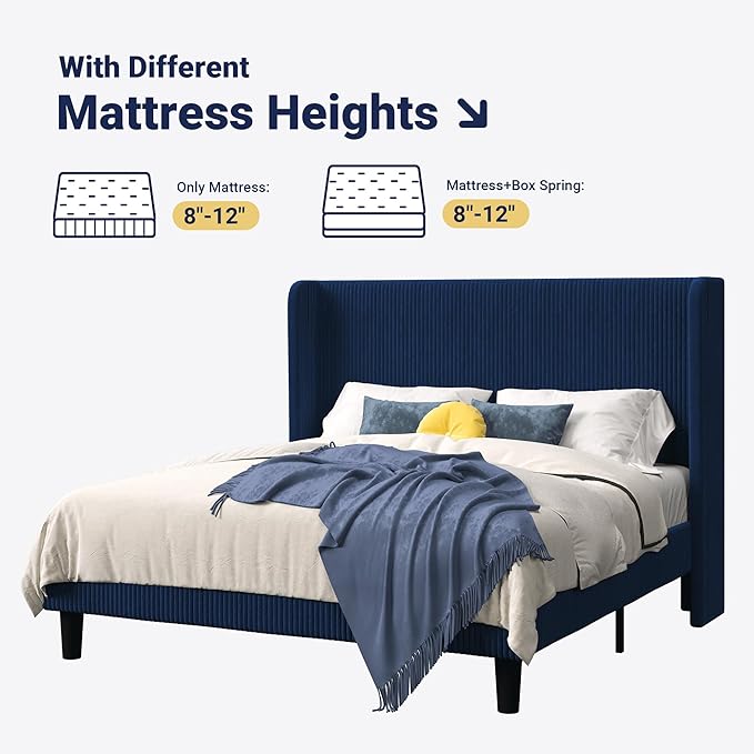 Allewie Full Size Bed Frame with Upholstered Wingback Headboard, Vertical Channel Tufted Corduroy Velvet Platform Bed, Strong Wooden Slats Support, No Box Spring Needed, Easy Assembly, Dark Blue