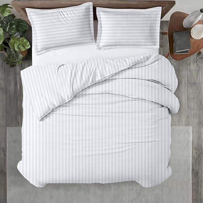 Kotton Culture 1 Pc Twin Size Duvet Cover Only -100% Egyptian Cotton 600 TC Ultra Soft Premium Durable Comforter Cover Zipper Closure & Corner Ties (Striped White, Twin/Twin XL 68" X 90")