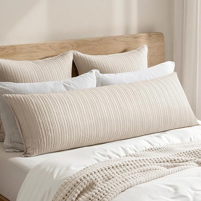100% Cotton Waffle Weave Body Pillowcase, 1 Pack 14x36 Decorative Body Pillow Cover for Bed Couch Sofa, Neutral Long Cushion Sham Modern Farmhouse Home Decor, Oatmeal