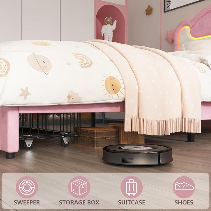 Garvee Full Size Upholstered Bed Frame with LED Lights & Storage Drawers, Fabric Headboard & Wood Slats, No Box Spring Needed, Princess Bed for Girls (Pink White)