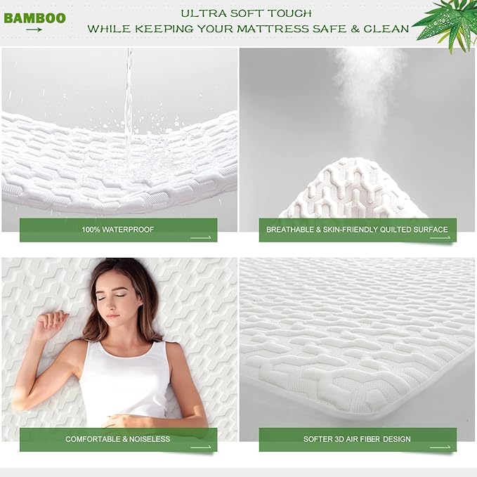 GRT Twin Size Waterproof Mattress Protector Rayon Bamboo - 3D Air Fiber Cooling Mattress Protector Cover, Breathable Mattress Pad Noiseless 8''-21'' Deep Pocket Machine Washable