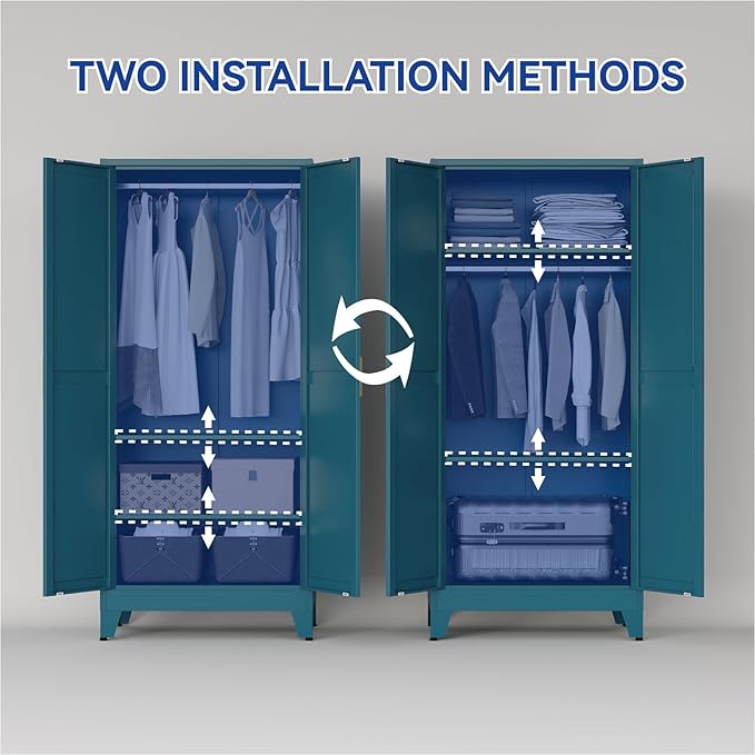 COFaR 71'' Metal Armoire Wardrobe Closet, Steel Wardrobe Cabinet with Adjustable Hanging Rod and Shelves, 2 Doors Farmhouse Closet Storage for Bedroom Garage Office, Peacock Blue