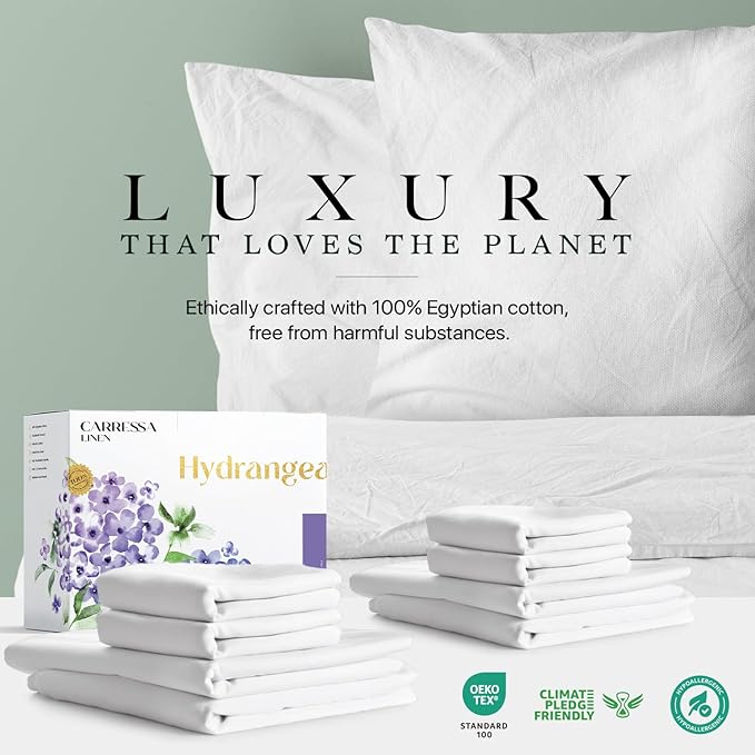 Carressa Linen 100% Egyptian Cotton Queen Sheet Set - 600 Series Hydrangeas Collection Egyptian Cotton Queen Sheets Set (8 PC, Crisp White), 16" Deep Pocket Sateen Weave Luxury Hotel Bed Sheet