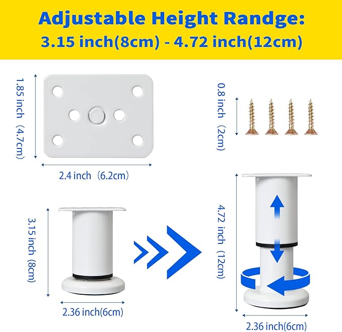 4 Pcs Adjustable Height Furniture Support Legs [with Screws] 3.15-4.72 inch, Metal Heavy Duty Furniture Replacement Legs for Chair/Bed/Sofa/Cabinet/Couch/Dresser/Bed/Table (White)