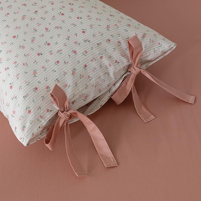VM VOUGEMARKET Flower Duvet Cover King Vintage Garden Pink Floral Bedding Set for Girls Women 100% Cotton 3 Pieces Stripes Comforter Cover with Zipper Ties,Off-White/Cream