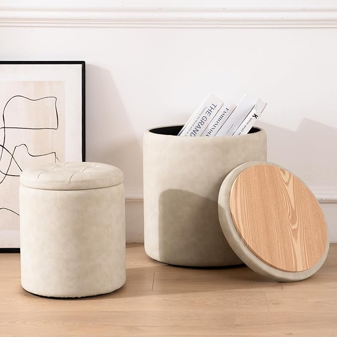 oakvivo Faux Leather Round Ottoman with Storage 12.6" W x 14.17" H & 14.76" W x 17.32" H Set of 2, Small Boucle Coffee Table Footstool with Removable Lid for Living Room, Bedroom, Beige