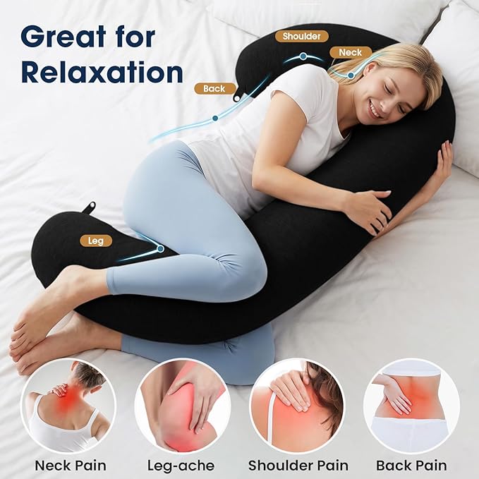TranquilRelax C Shaped Body Pillow for Side Sleepers, Memory Foam Long Pillow for Leg, Hip & Back Support, Soft Washable Cover,Black-47 * 10"