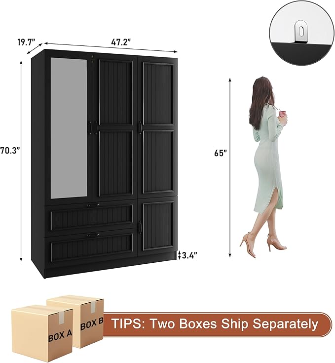 Squireewo Vertical Grooved Style 3 Doors Wardrobe Closet Armoire with Mirrors and LED Lights, 70.3" H Modern Wooden Bedroom Armoires with 2 Drawers, Large Capacity Freestanding Armoire, Black