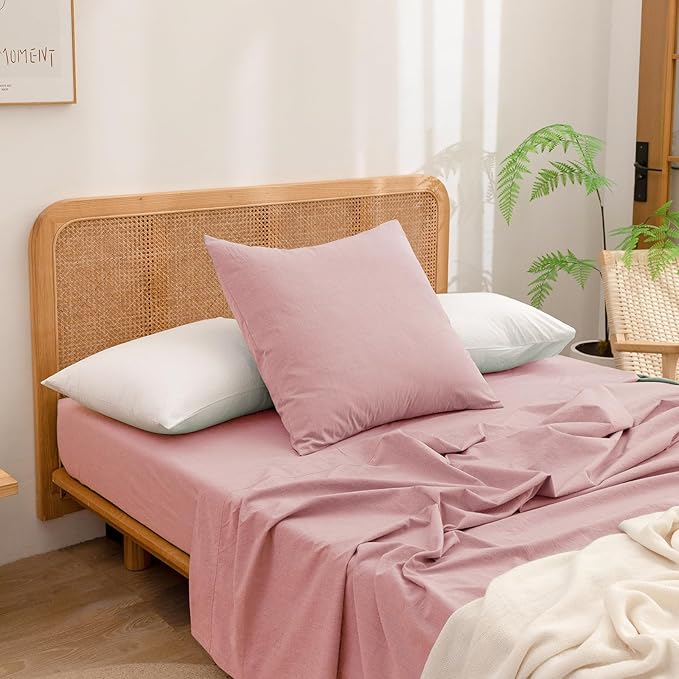 BESTOUCH 100% Washed Cotton Pillowcase for Hair and Skin Linen Feel Soft Comfortable Breathable 2 Set Pillow Case with Envelope Closure Solid Red Pink Euro 26x26 Inches