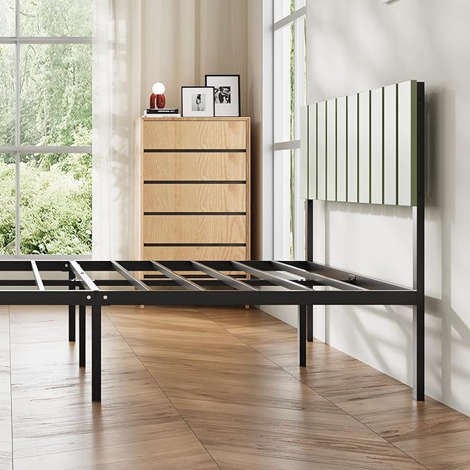 Novilla Queen Bed Frame with Modern Wooden Slatted Headboard, Easy Assembly, Heavy Duty Metal Platform, Noise-Free, Under-Bed Storage, No Box Spring Needed