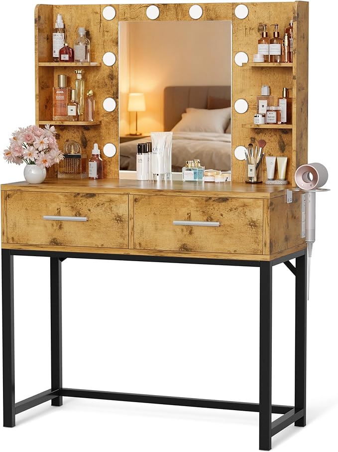 YESHOMY Vanity Desk with Mirror, Makeup Table with 2 Large Drawers, Power Outlet and Round Holder, 3 Color Modes Adjustable Bulb, Rustic Brown & Black