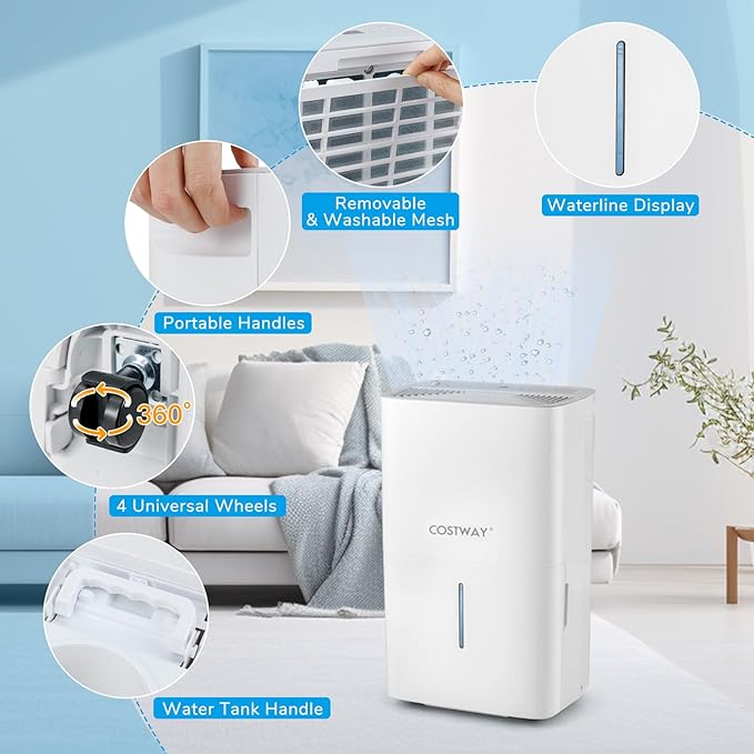 COSTWAY 94.5 Pints Dehumidifier, 6000 Sq.Ft Portable Large Home Dehumidifier for Basements with 2 Modes & 3 Fan Speeds, 1.4 Gallon Tank