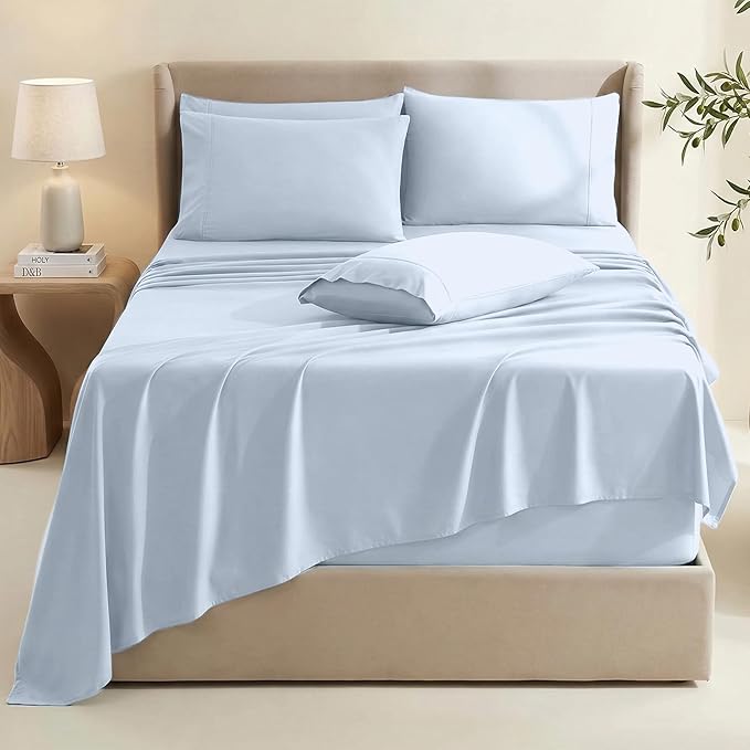 Hearth & Harbor Extra Deep Pocket Sheets - Fits Mattress 18-24 Inches Deep - Extra Deep Pocket Split King Size Sets - 7 Piece Split King Size - Ice Blue