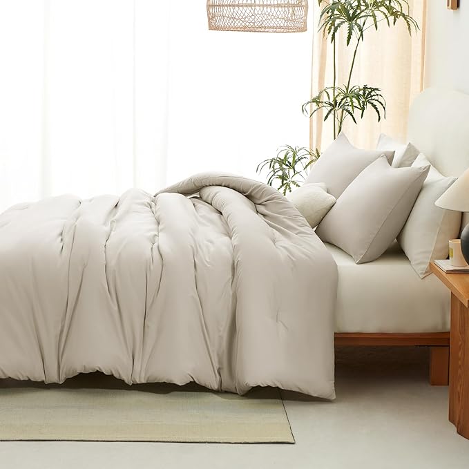 CozyLux King Size Comforter Set Oatmeal, 3 Pieces Solid Comforters King Size Breathable Quilted Bedding Sets, Luxury Soft Lightweight Bed Set with Down Alternative Comforter and 2 Pillowcases