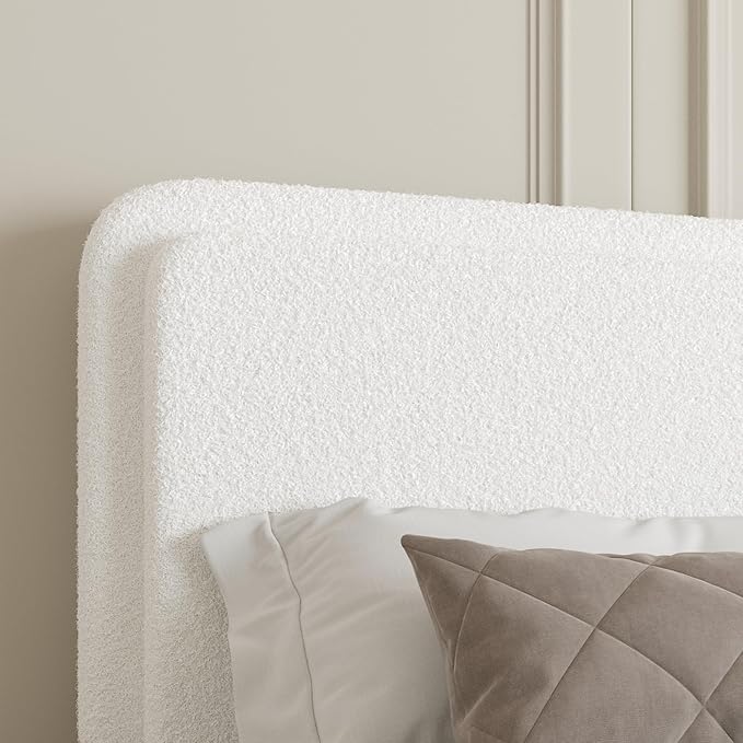 King Size Boucle Upholstered Bed Frame with Adjustable Headboard, Cloud Platform Bed, Solid Wooden Legs, No Box Spring Needed, Easy Assembly, White