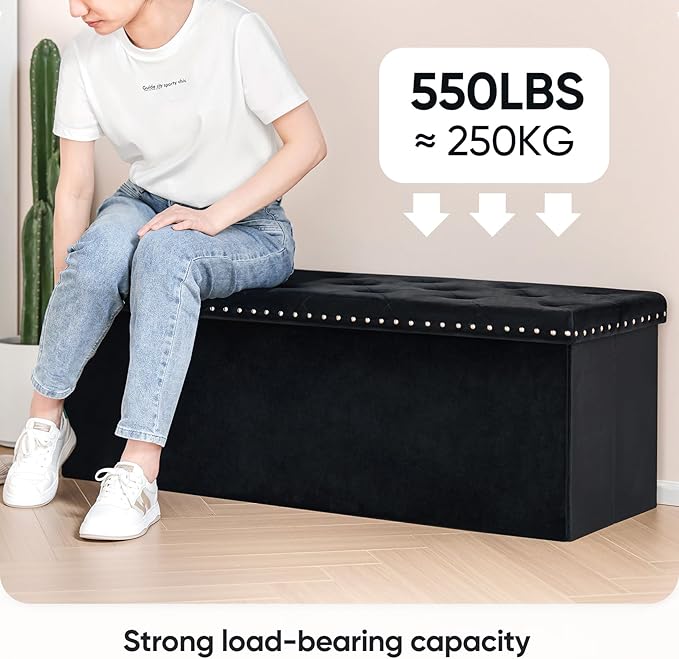 PINPLUS Black Storage Ottoman Bench for Bedroom, Folding Velvet Chest with Benches Foot Rest Stool, Large Long Shoes Chest for Bedroom, Living Room, 43.3"x15.7"x15.7"