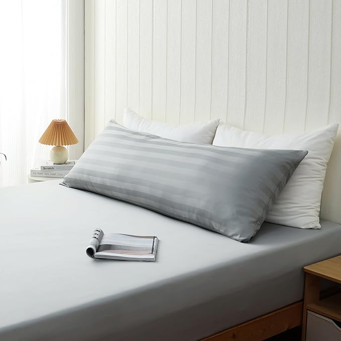100% Cotton Soft Body Pillow Protectors with Invisible Zipper 20X54 Inches Body Pillow Cases, 600 Thread Count Soft Pillow Cases, Striped Gray Color 1-Pack