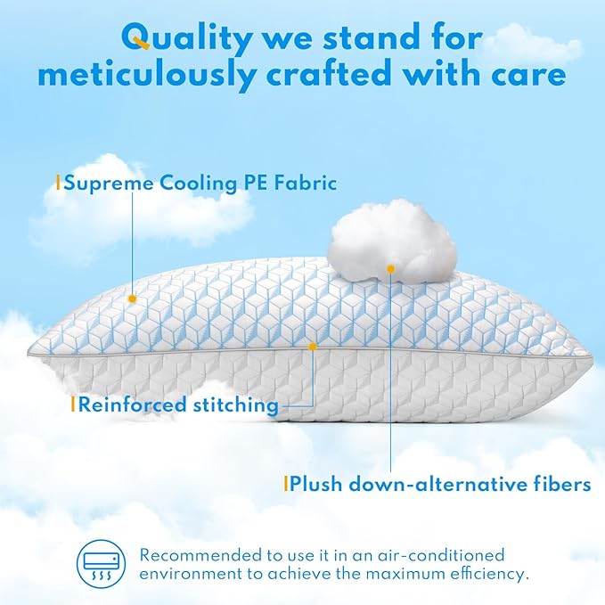 Bed Pillows Queen Size for Sleeping - Breathable Cooling Down Alternative Soft Pillows Set of 2 for Side, Back, and Stomach Sleepers - Hotel Quality Fluffy Microfiber Fill Skin-Friendly