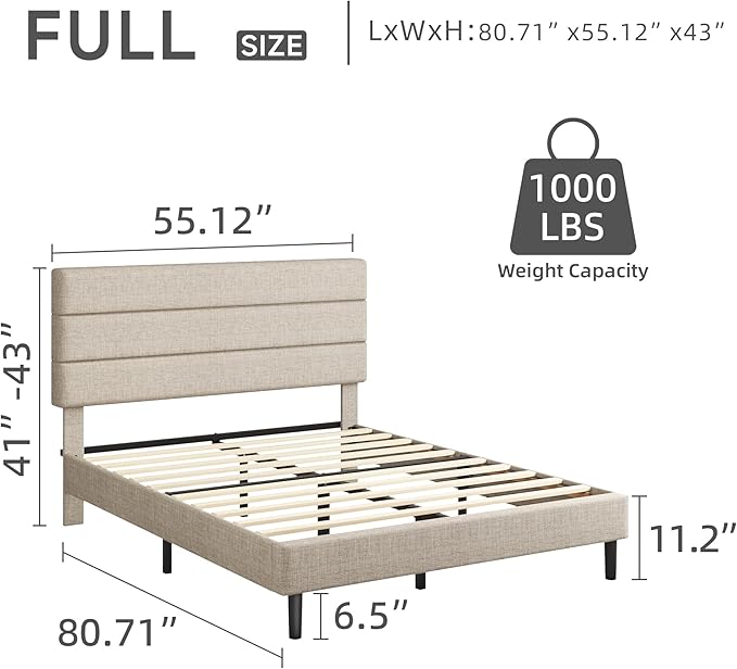 Full Platform Bed Frame with Adjustable Linen Fabric Upholstered Headboard, Strong Slats Support, Noise-Free, No Box Spring Required, Easy Assembly for Bedroom Guest Room, Beige