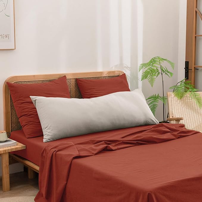 BESTOUCH 100% Washed Cotton Pillowcase for Hair and Skin Linen Feel Soft Comfortable Breathable 2 Set Pillow Case with Envelope Closure Solid Burnt Brick Red Euro 26x26 Inches