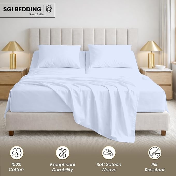 SGI bedding 39" King Split Top Flex Head Sheet 100% Egyptian Cotton Sheet Set 1000 Thread Count Flex Top Sheet for Adjustable Bed 4Pc Sheet Set 18" Deep Pocket for Sleep Number Bed - Light Blue