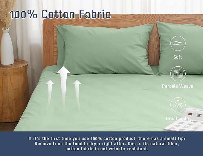 Pillow Cases, Standard Queen Size Cotton Percale Weave Pillowcases, Pre-Shrunk Breathable and Hypoallergenic Pillowcases, Set of 2 (2 Piece Standard/Queen 20 Inch x 30 Inch, Sage Green)
