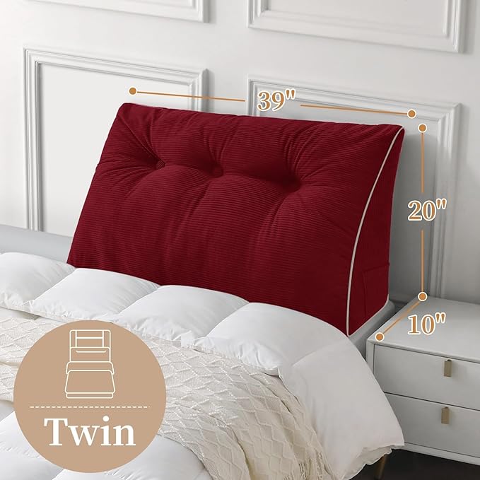 Sasttie Headboard Pillow Twin/Twin XL, Wedge Pillow Headboard for Dorm, Triangular Daybed Backrest Cushion for Sitting or Reading in Bed, with Removable Washable Cover, Wine