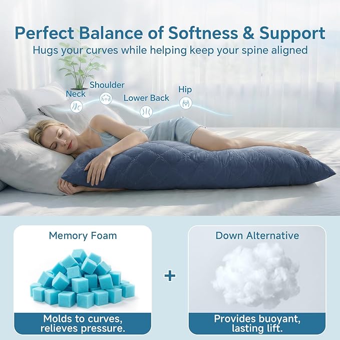 BEDELITE Cooling Body Pillow for Adults, Creative Ultra Soft Cool-Touch Quilted Nylon-Spandex Body Pillow Cover, Adjustable Memory Foam Long Pillow for Side Sleepers, Pregnancy & Back Pain(Navy Blue)