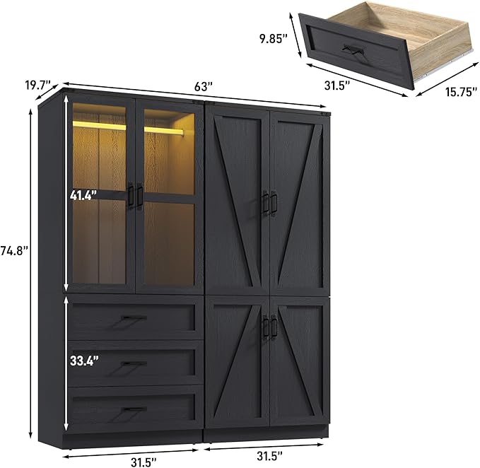 75" Tall Farmhouse 4 Doors Armoire Wardrobe Closet with 3 Drawers and LED,Freestanding Closet Wardrobe Cabinet for Bedroom with Hanging Rod,Wooden Armoire Storage Cabinet with Adjustable shelve(Black)