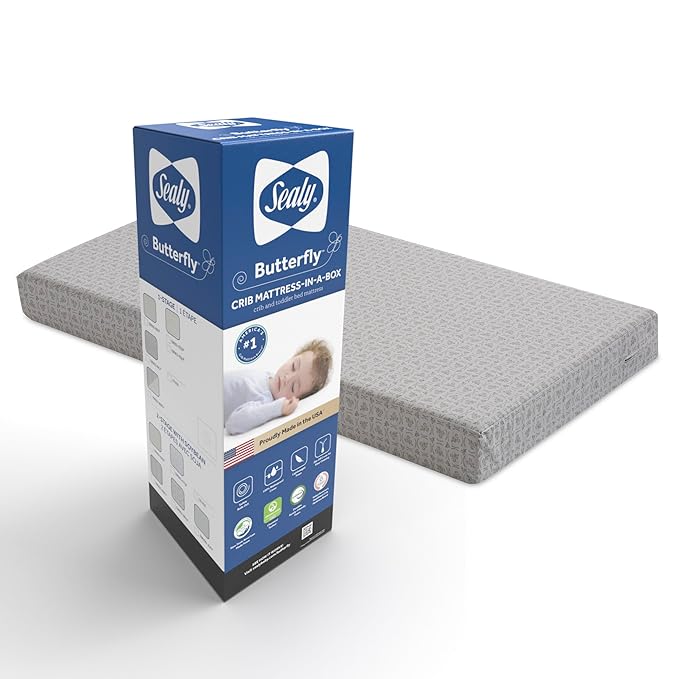 Sealy Butterfly 2-Stage Dual Firm Antibacterial Foam Baby Crib Mattress & Toddler Bed Mattress, Hypoallergenic Waterproof Memory Foam Crib Mattress, GREENGUARD GOLD Certified,Made in USA,52"x28",White